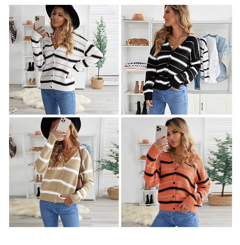 women s striped breasted v-neck knitted cardigan nihaostyles clothing wholesale NSSI79569