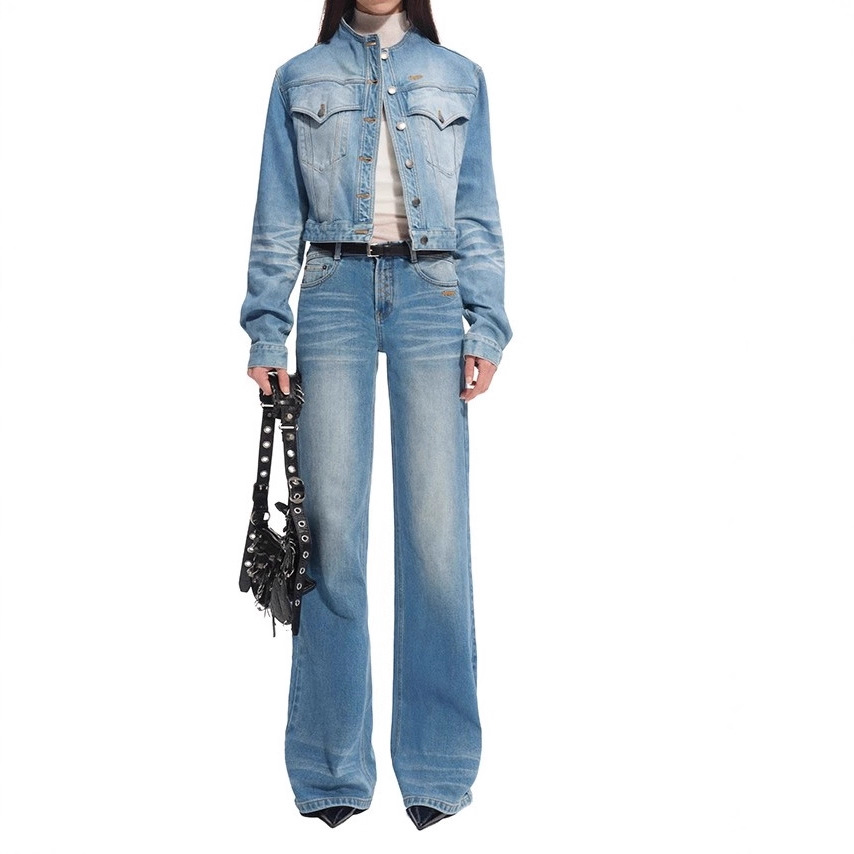 Women's Clothing Stand Collar Short Autumn Heavyweight Denim Jacket With Retro Stand Collar | Oversized Short Cropped Jacket For Men & Women_voghion.com