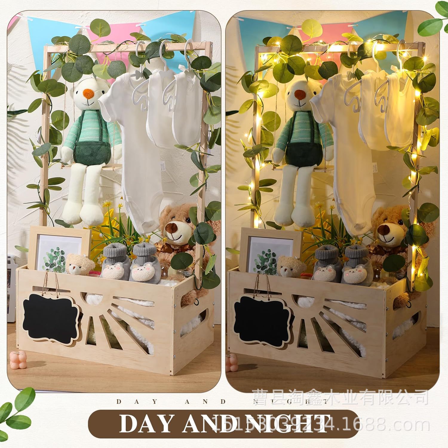 家用落地木制婴儿衣物收纳箱礼品蓝手柄式婴儿淋浴箱儿童礼品篮