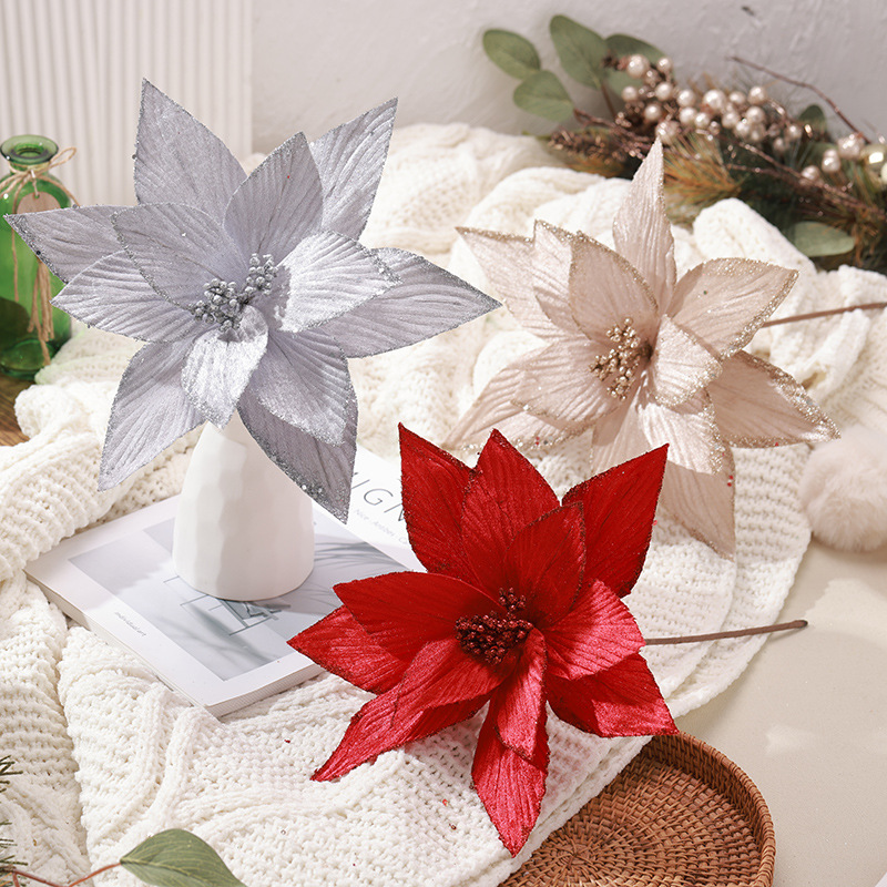 2023 nueva flor de Navidad coreana de alta calidad 30cm champán plata rojo simulación decoración de flores de Navidad hechas a mano