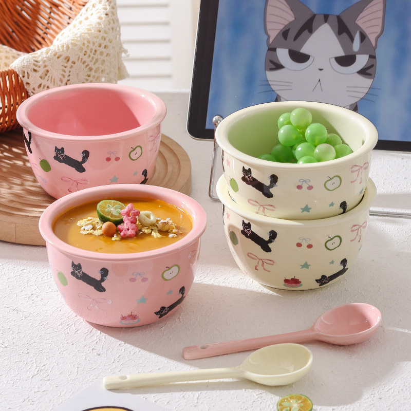 Super Nice Cream Cat Cute Cat Heat-Resistant Ceramic Bowl Microwave Breakfast Bowl Oatmeal Bowl Soup Bowl Rice Bowl