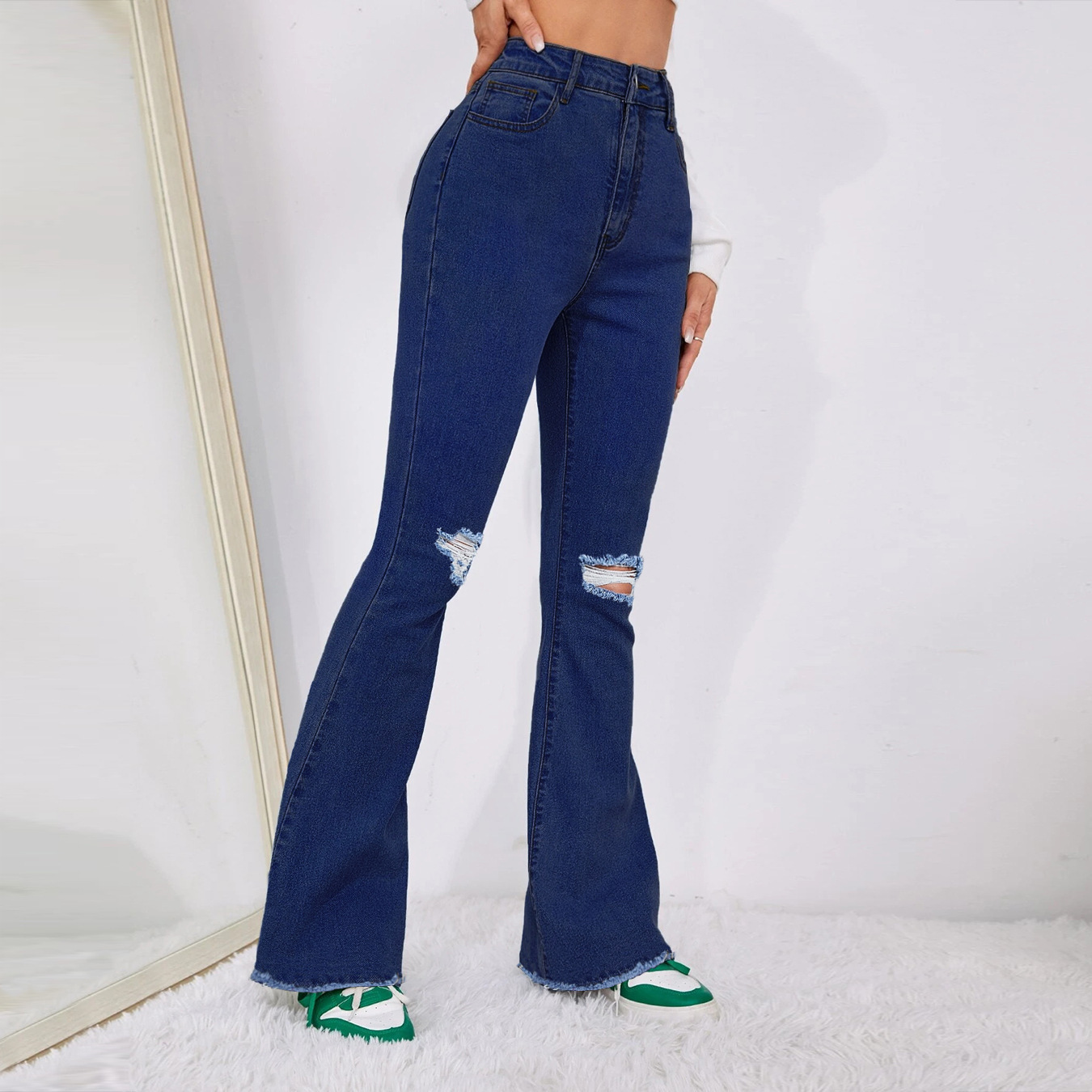 slim high waist hole denim micro flared jeans NSGYY139636