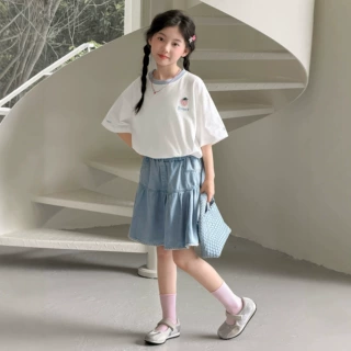 女童夏季短袖T恤套装2026新款薄款短袖牛仔裙中大童半身裙两件套