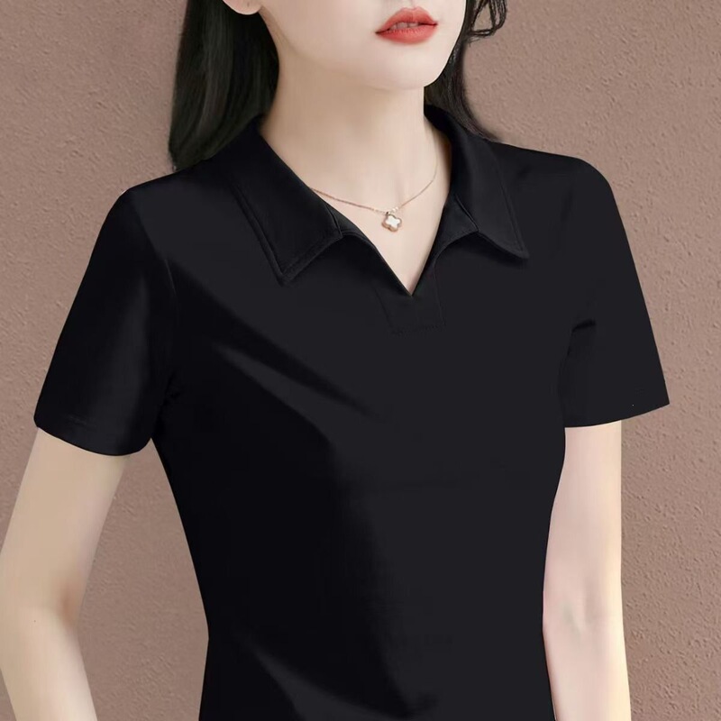 Fashionable and Stylish Short-Sleeve T-Shirt for Women with a Turn-Down Collar, Solid Color, Slimming for Pregnant Women, Loose Casual Elegant Top for Moms Fashionable and Stylish Short-Sleeve T-Shirt for Women with a Turn-Down Collar, Solid Color, Slimming for Pregnant Women, Loose Casual Elegant Top for Moms