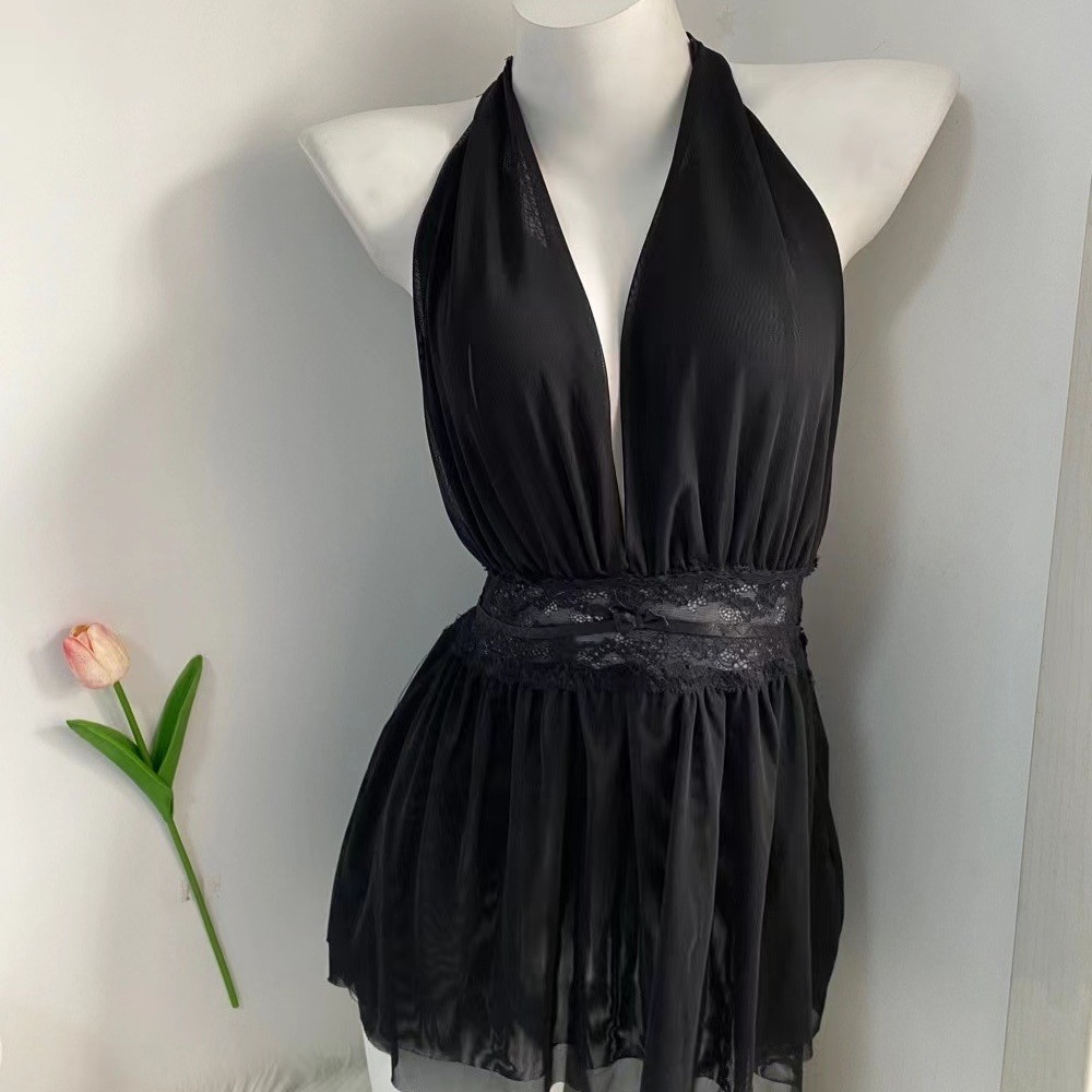 란제리 교수형 목 스커트 유럽과 미국의 프랑스 나이트 드레스 디너 바 유니폼 메쉬 백리스 관점 나이트 클럽 원피스