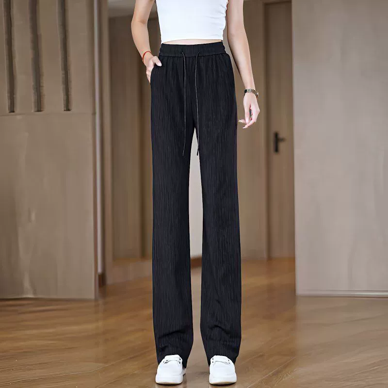 Трансграничный новый летний 2025 тонкий ледяной шелк с узким принтом широкие брюки с высокой талией, тонкая свободная и склонная брюки женщины