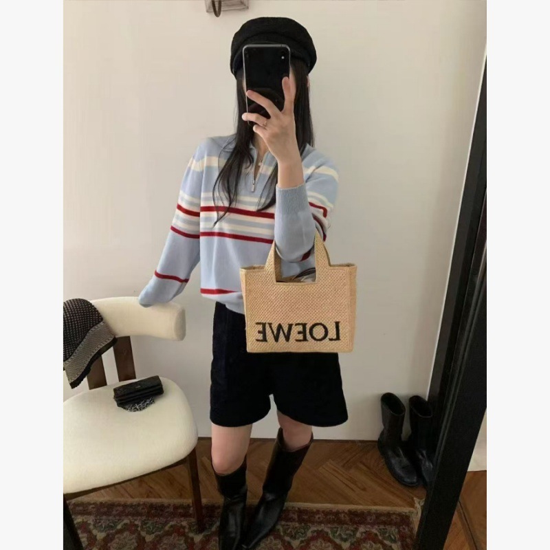 2025新款韩系POUCH巨好看轻熟上衣蓝色条纹翻领拉链针织衫高品质|undefined