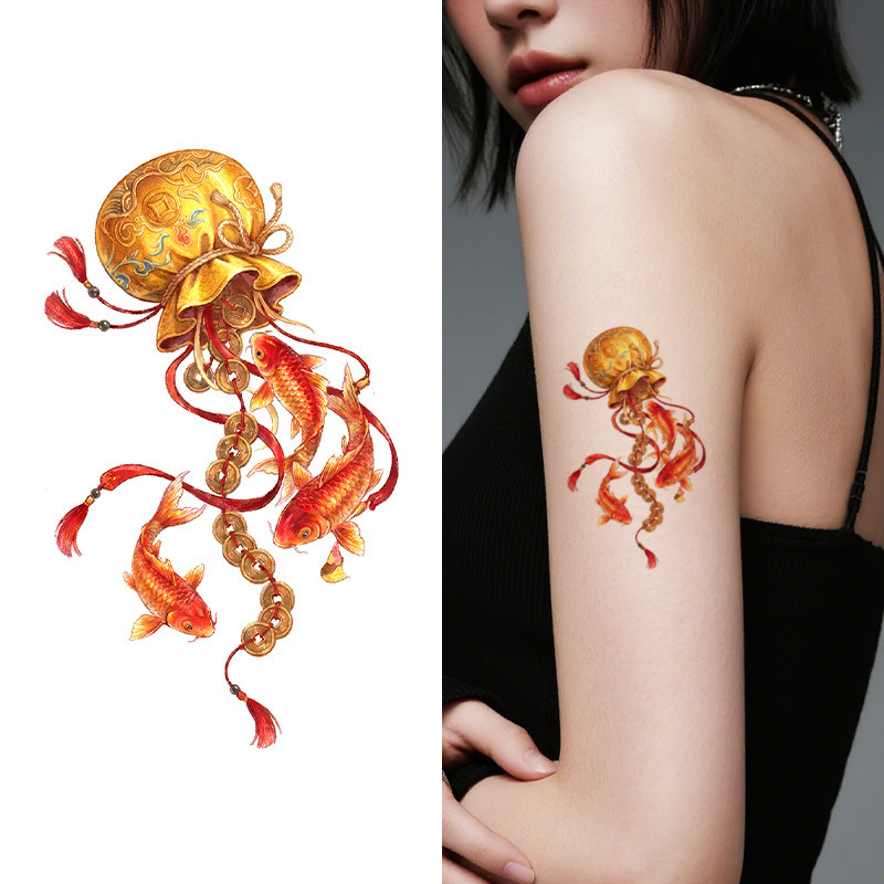 Cross-Border Copper Coin Bag Koi Fish Wealth Flowing in Colorful Temporary Tattoo Stickers Long-Lasting Waterproof and Sweat-Proof Ancient Style Arm Tattoo