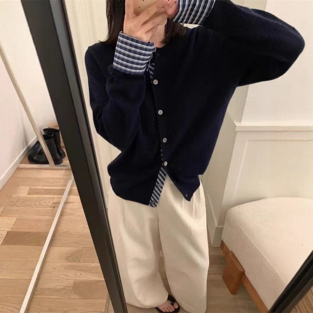 跨境新款衬衫拼接假两件圆领单排扣针织开衫女简约气质百搭外套