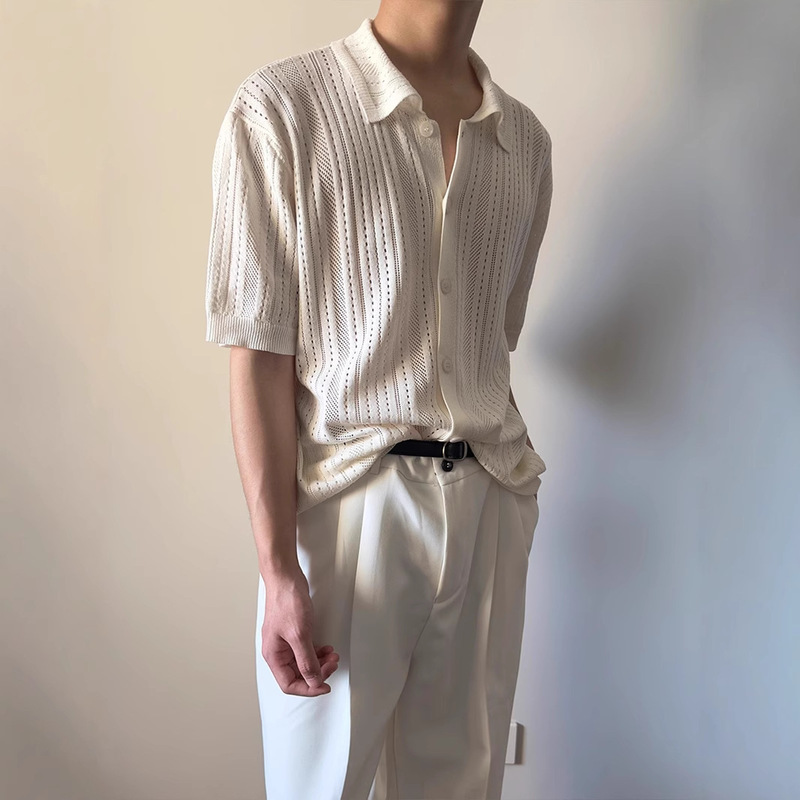 Korean Style Cut Out Retro Polo Lapel Short-Sleeved Knitwear Men's Summer New Design Pure Color Thin Cardigan Trendy