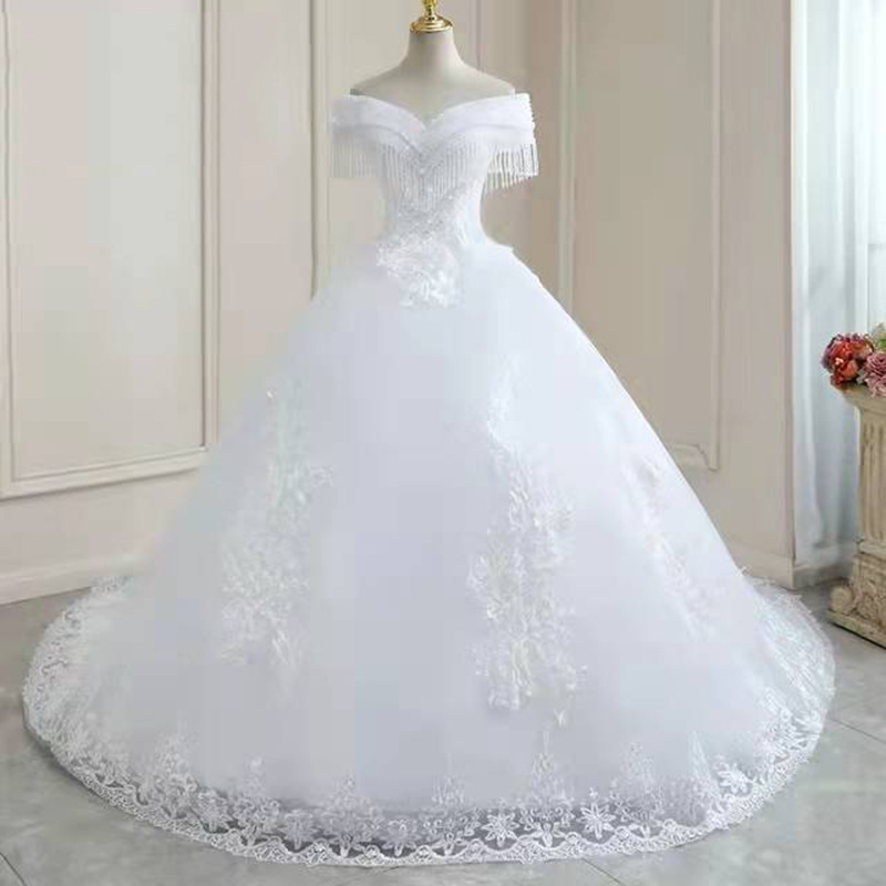 European and American Style Off-Shoulder Wedding Dress 2026 New Model with Tassels, Court-Style Wedding Gown for Brides, Suitable for Travel Photography, with a Train European and American Style Off-Shoulder Wedding Dress 2026 New Model with Tassels, Court-Style Wedding Gown for Brides, Suitable for Travel Photography, with a Train