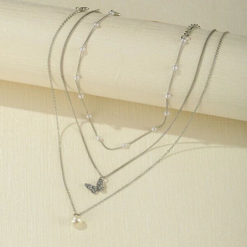 Women's Gender Elegant Streetwear Butterfly Rhinestones Imitation Pearl Alloy Wholesale Three Layer Necklace