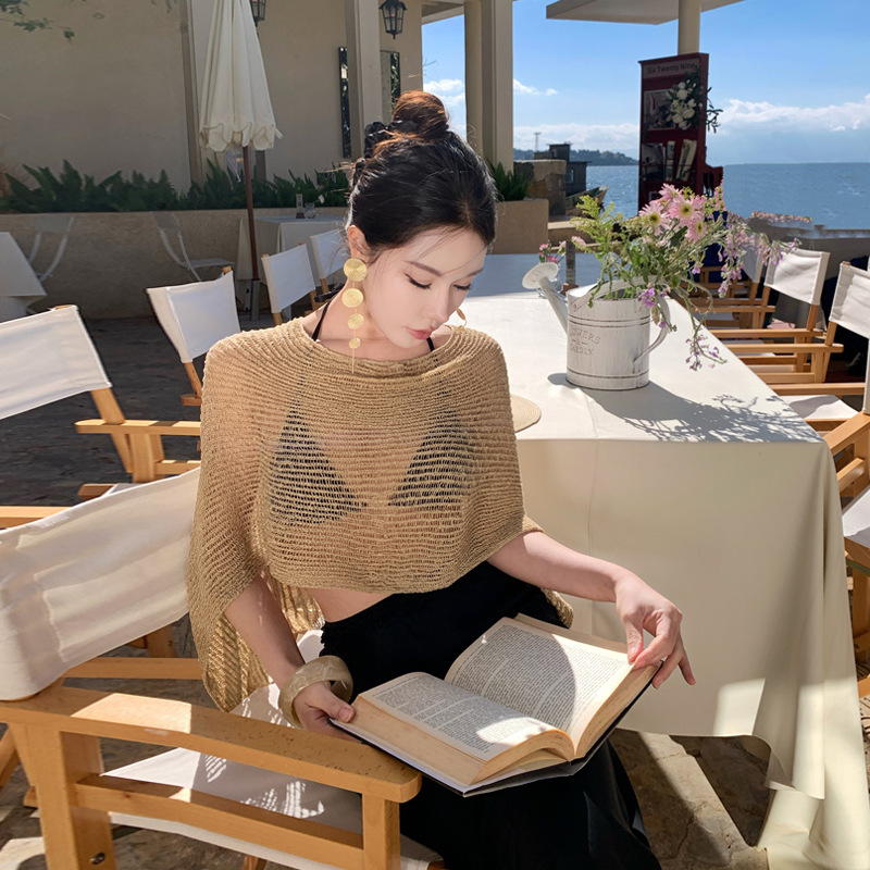 2025 High-End Retro Market Golden Years Style Golden Knit Cover-Up Hollow-Out Top Shawl Multi-Wear 2025 High-End Retro Market Golden Years Style Golden Knit Cover-Up Hollow-Out Top Shawl Multi-Wear