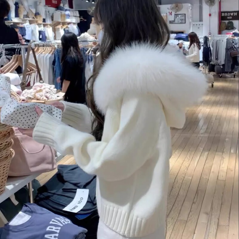 25 Autumn and Winter New Style Hooded Short Fashionable Knitted Cardigan Small Imitation Fox Fur Collar Outwear Women's Sweater 25 Autumn and Winter New Style Hooded Short Fashionable Knitted Cardigan Small Imitation Fox Fur Collar Outwear Women's Sweater