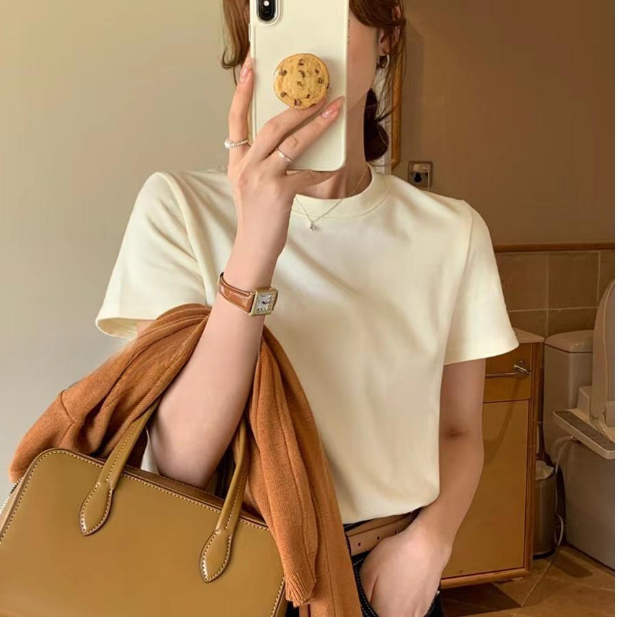 92% Cotton Shoulder Crew Neck Short-sleeved T-shirt Women's Korean Version Loose Summer New Solid Color Small Man With T-shirt Top_ecoleips.com