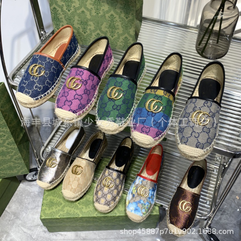 Comercio exterior transfronterizo G bordado estándar estampado zapatos de pescador 2025 suela de goma tejida boca poco profunda zapatos casuales de un solo pedal