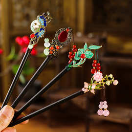 国风复古仿黑檀木发簪仿玉石流苏步摇发钗古风旗袍汉服盘发头饰女