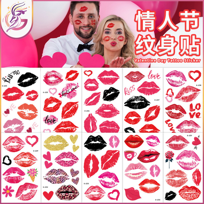 Valentine's Day Tattoo Sticker New Red Love Lips Cross-border Face Removable Disposable Flower Black Tattoo Sticker Valentine's Day Tattoo Sticker New Red Love Lips Cross-border Face Removable Disposable Flower Black Tattoo Sticker