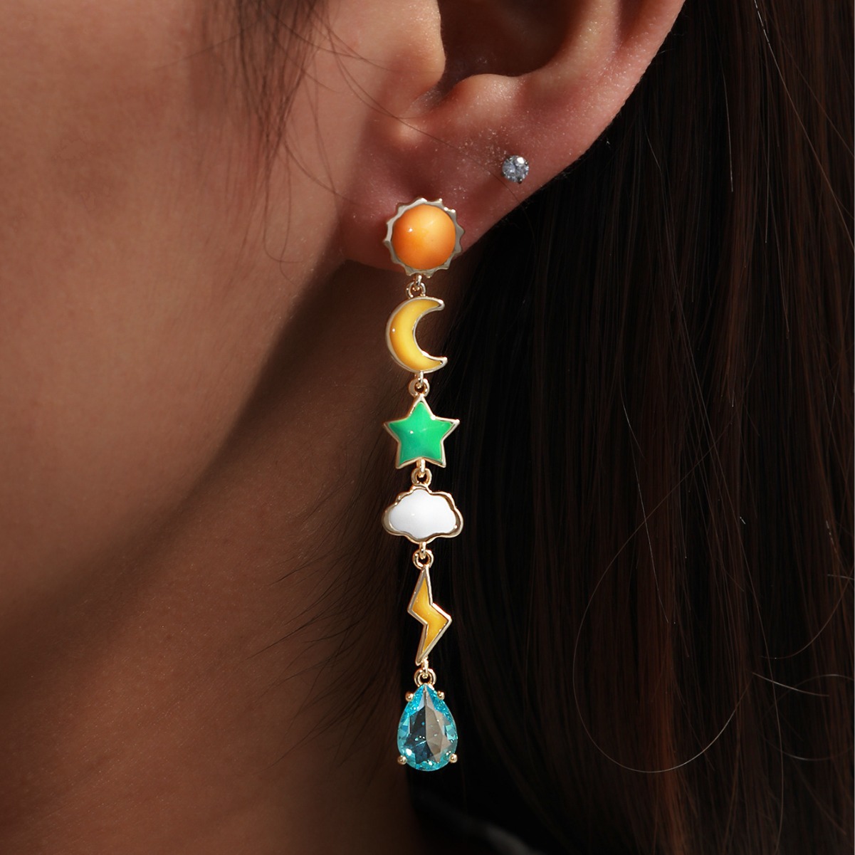 Joyas Xuping sol, estrella, luna, nube relámpago, aretes largos, nicho de diseño, aretes de esmalte de color al por mayor