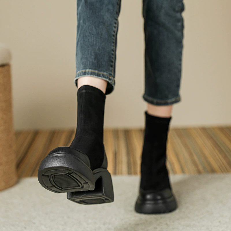 Замшевые Ботинки Martin, женские осень и зима 2023, Новые короткие сапоги на толстой подошве, эластичные тонкие сапоги на толстом каблуке, сапоги на высоком каблуке 7 см