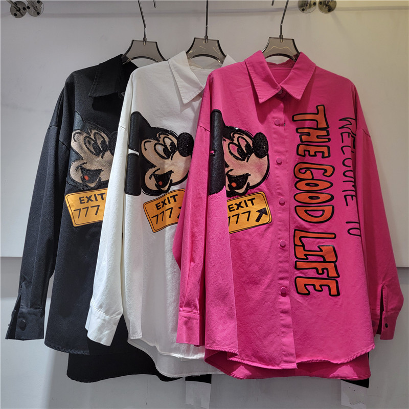 2026 Spring New Korean Style Loose Slimming Cartoon Mickey Print Long-Sleeve Shirt for Women Versatile Casual Top Trendy