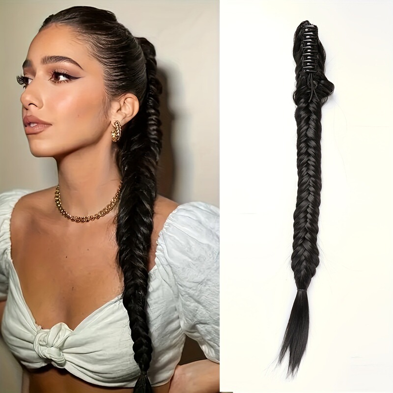 Large grip clip European and American high temperature silk long hair hand woven fishbone braid wig braid ponytail wig factory in stock
