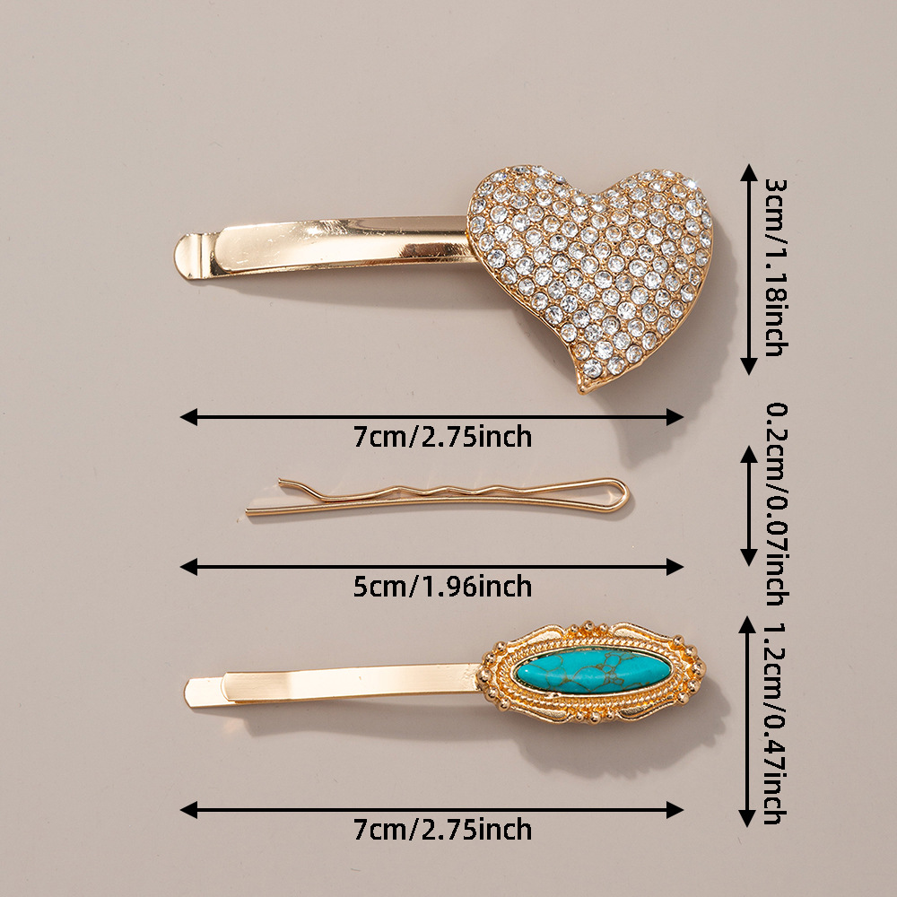 18g Weight Hair Clip Hair Accessories Type December Birthstone Turquoise Inlay Material 1 Set Quantity Outdoor, Street, Shopping Occasion Alloy Material Oval, Heart Shape Pattern Women's Gender Plating, Inlay Design Retro Style Women's Retro Oval Heart Shape Alloy Plating Inlay Turquoise Hair Clip 18
