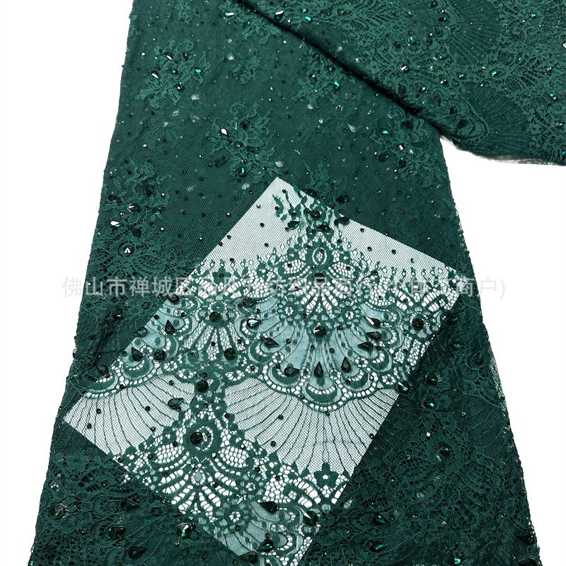 Tejido de encaje retro francés bordado rosa claro tela de malla de perlas de clavos vestido de boda