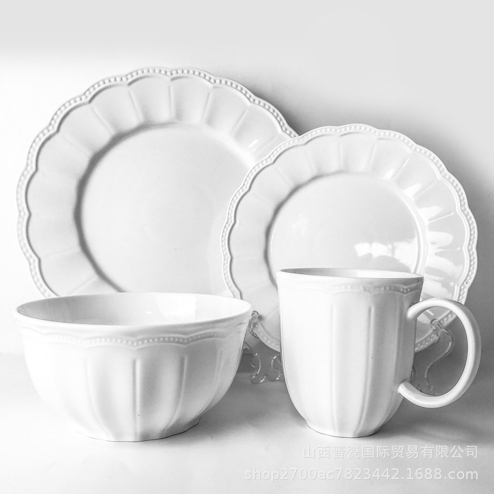 法式宫廷陶瓷盘餐厅家用西餐牛排盘白色浮雕创意餐具盘子套装