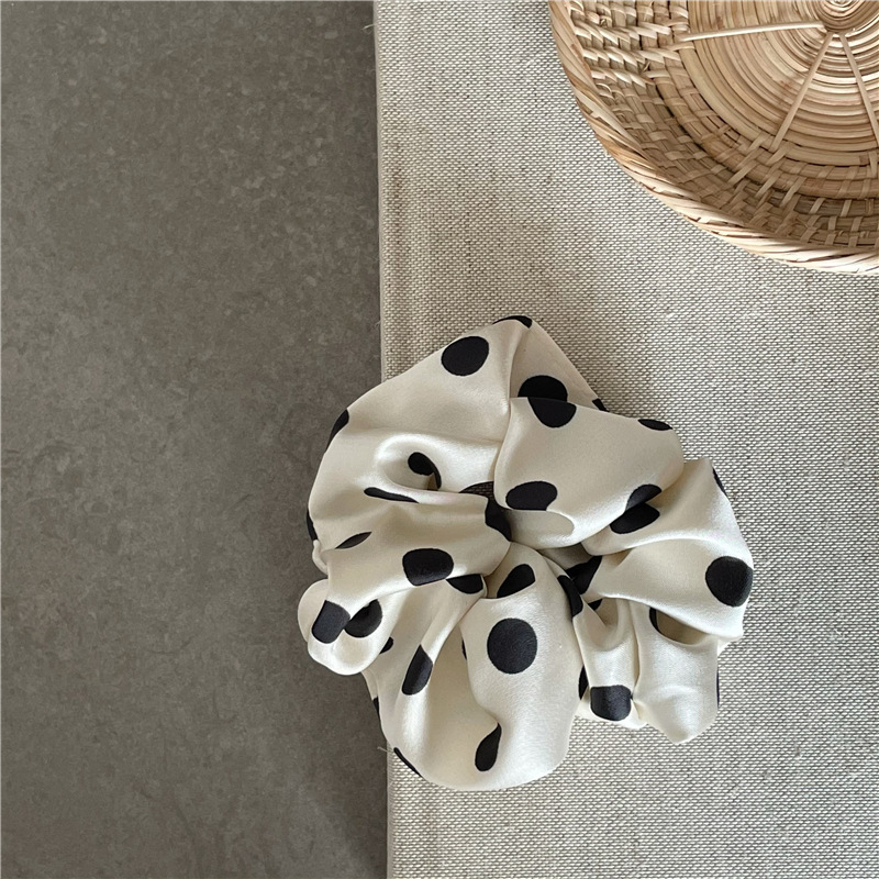Elegant Black And White Contrasting Polka Dot Scrunchie, High-quality Satin Texture Fabric Hair Tie For Ponytails_voghion.com