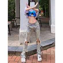 韩版复古做旧破洞牛仔裤女夏季薄款欧美式高街hiphop辣妹直筒裤潮