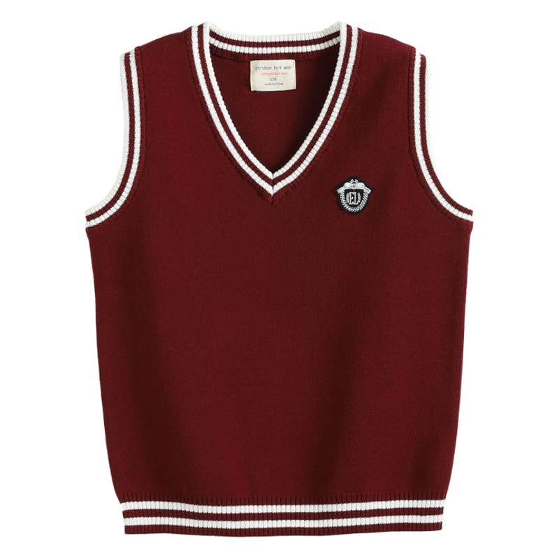 Chaleco de lana de color de contraste con cuello en V Chaleco de punto para niños suéter de niñas de medio y gran uniforme escolar para niños jardín de infantes ropa al por mayor