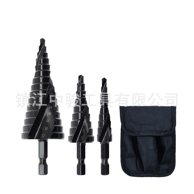 Transfronterizo negro espiral ranura escalera taladro mango hexagonal nitruro acero de alta velocidad métrica pagoda taladro Centro de perforación ponche