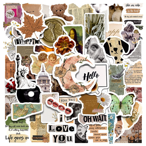 50 retro stickers, retro shabby newspapers, literary notebooks, water cups, waterproof graffiti stickers