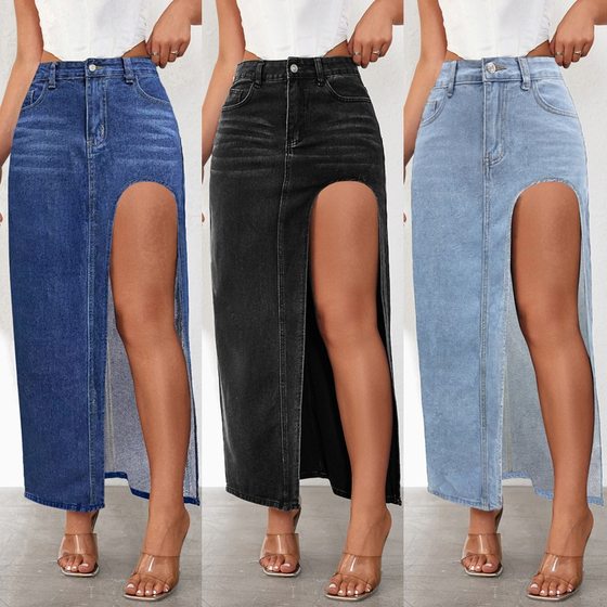 Factory Direct European and American cross-border high slit Denim skirt female 2024 spring and summer new washed solid color midi skirt