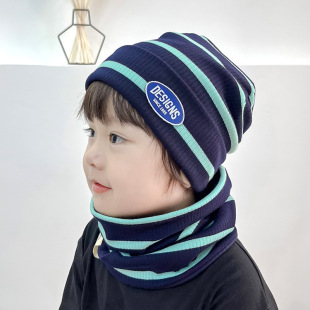 Autumn and winter new letter silicone label boys and girls striped pullover hat scarf suit warm cotton pile hat