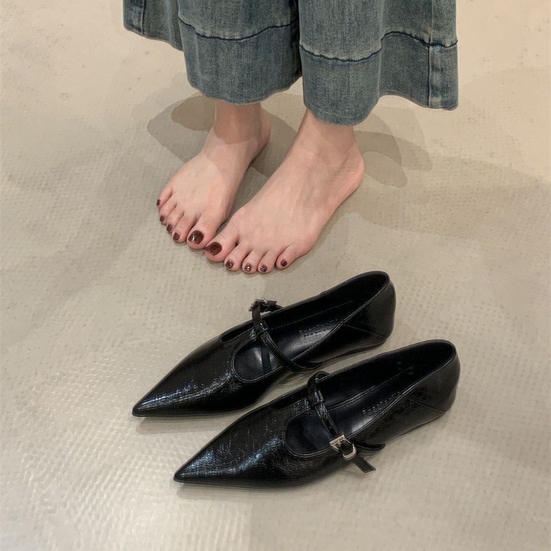法式玛丽珍鞋2025年新款尖头t字扣带浅口黑色百搭平底单鞋女鞋子|undefined