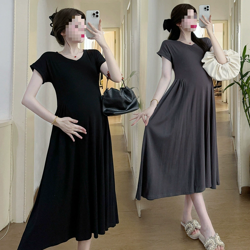 Summer dress for pregnant, thin mini-skirt, long skirt, with short sleeve, city style, V-neckline, loose fit
