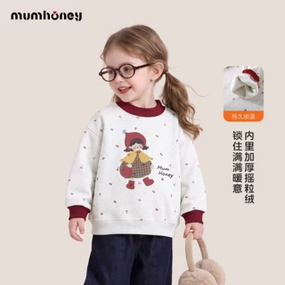 黑尼木木女童卡通加绒印花圆领卫衣冬装拼色厚保暖儿童上衣2026款