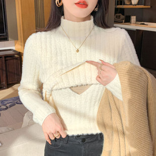 Autumn and Winter Breastfeeding fleece-lined Sweater Base Shirt Half High Neck Thickened Warm Hot Mom Inner Knitted Postpartum Breastfeeding Top