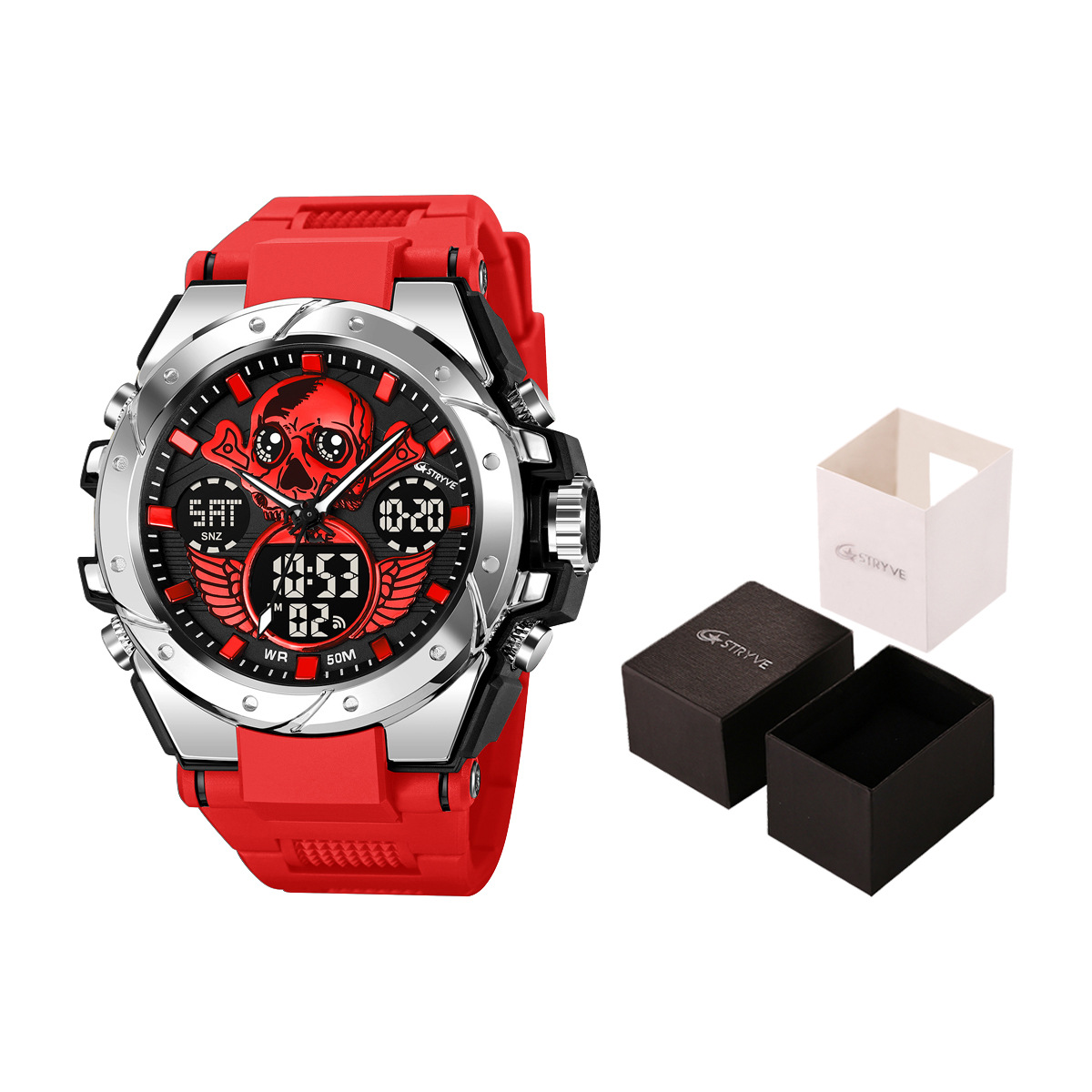 STRYVE e-commerce hombres deportes cráneo luminoso electrónico impermeable reloj multifuncional reloj entrega de una pieza 8008