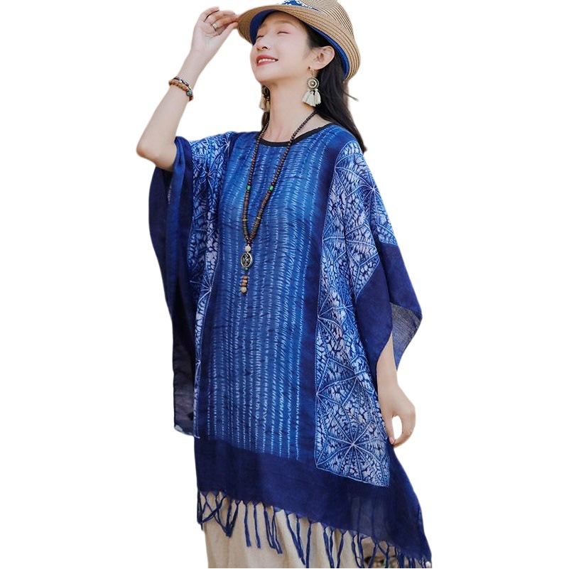 Gongpu Retro Tie-Dye Ethnic Style Shawl Yunnan Lijiang Travel Pullover Shawl Blue Tassel Warm Shoulder