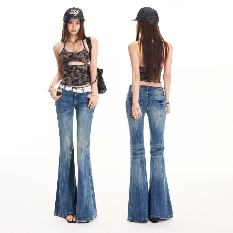 Millennial Classic Low-Waist Stretch Flared Jeans with a Slimming Waist-To-Hip Ratio, Versatile Women's Retro Blue Cotton Jeans Millennial Classic Low-Waist Stretch Flared Jeans with a Slimming Waist-To-Hip Ratio, Versatile Women's Retro Blue Cotton Jeans