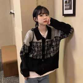 日系复古雪花撞色Polo领开衫毛衣外套女2025秋冬新款慵懒古着毛衣