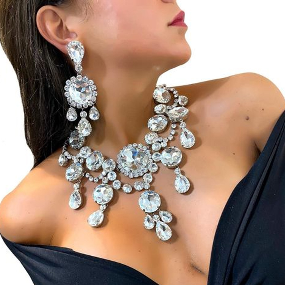 時尚誇張首飾套裝 歐美性感水滴吊墜耳環多層滿鑽項鍊jewelry set
