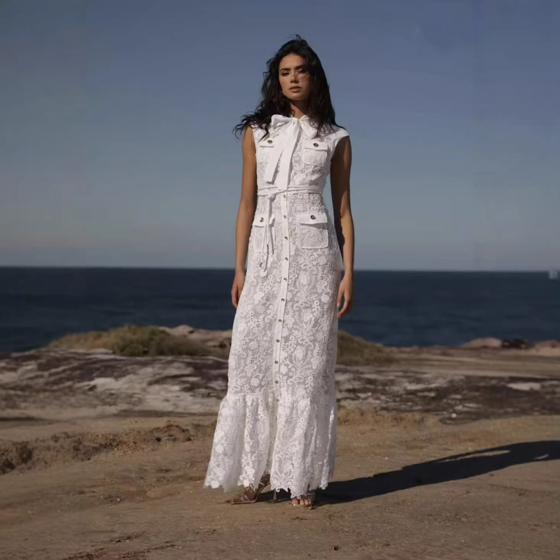 White Fishtail Lace Dress for Women, 2026 Summer Seaside Vacation Style, Single-Breasted Tie-Neck Sleeveless Long Dress White Fishtail Lace Dress for Women, 2026 Summer Seaside Vacation Style, Single-Breasted Tie-Neck Sleeveless Long Dress