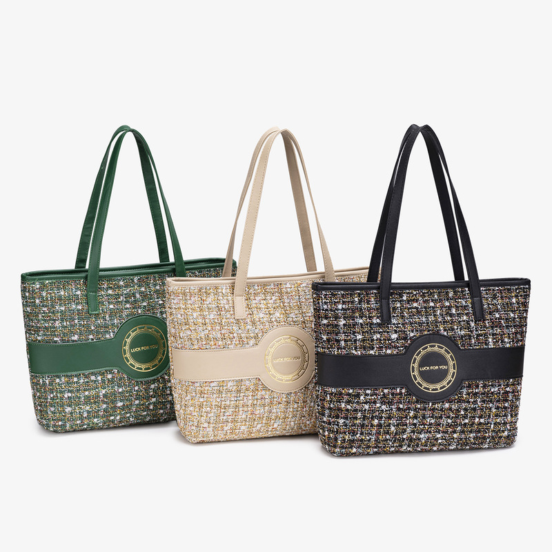 Cross-border Chanel-style tweed women's tote bag, large-capacity shopping bag, casual and versatile women's handbag