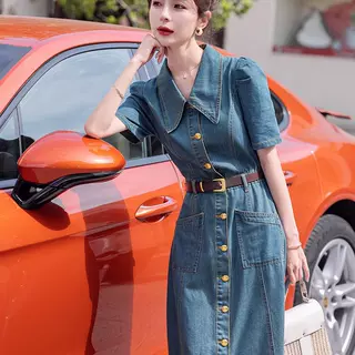 欧货复古翻领牛仔连衣裙女2023夏季新款时尚收腰修身显瘦气质长裙