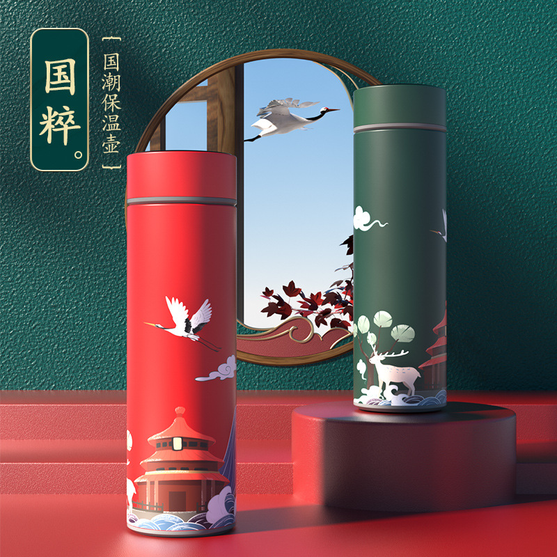 2021新款国潮风保温杯智能数显保温瓶山水国画风不锈钢拉丝热水杯