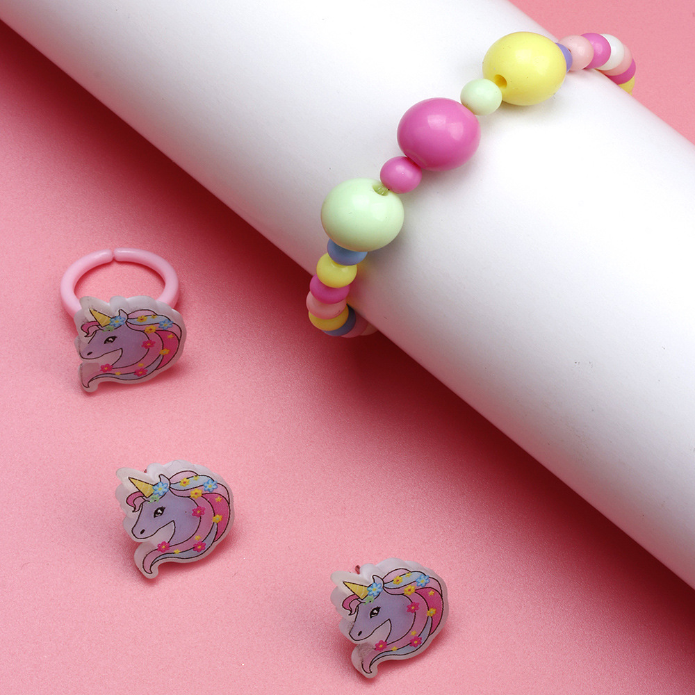 Cute Unicorn Resin Beaded No Inlaid Rings Bracelets Earrings 3 Piece Set